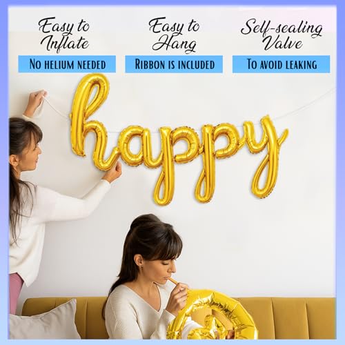 Gold Cursive Happy Birthday Balloon Banner - Foil Mylar Letter Balloons Party Decoration by Gala Supplies