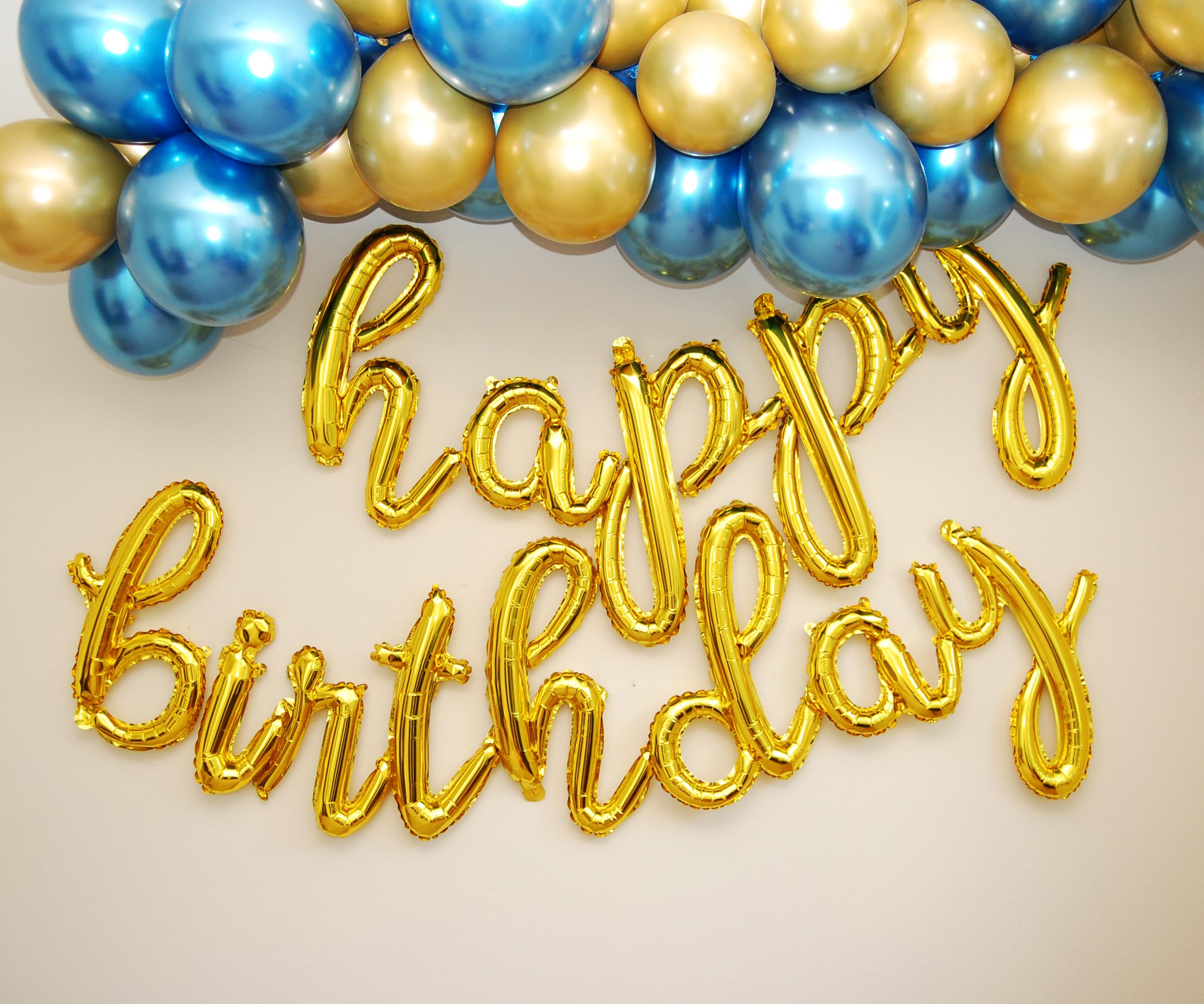 Gold Cursive Happy Birthday Balloon Banner - Foil Mylar Letter Balloons Party Decoration by Gala Supplies