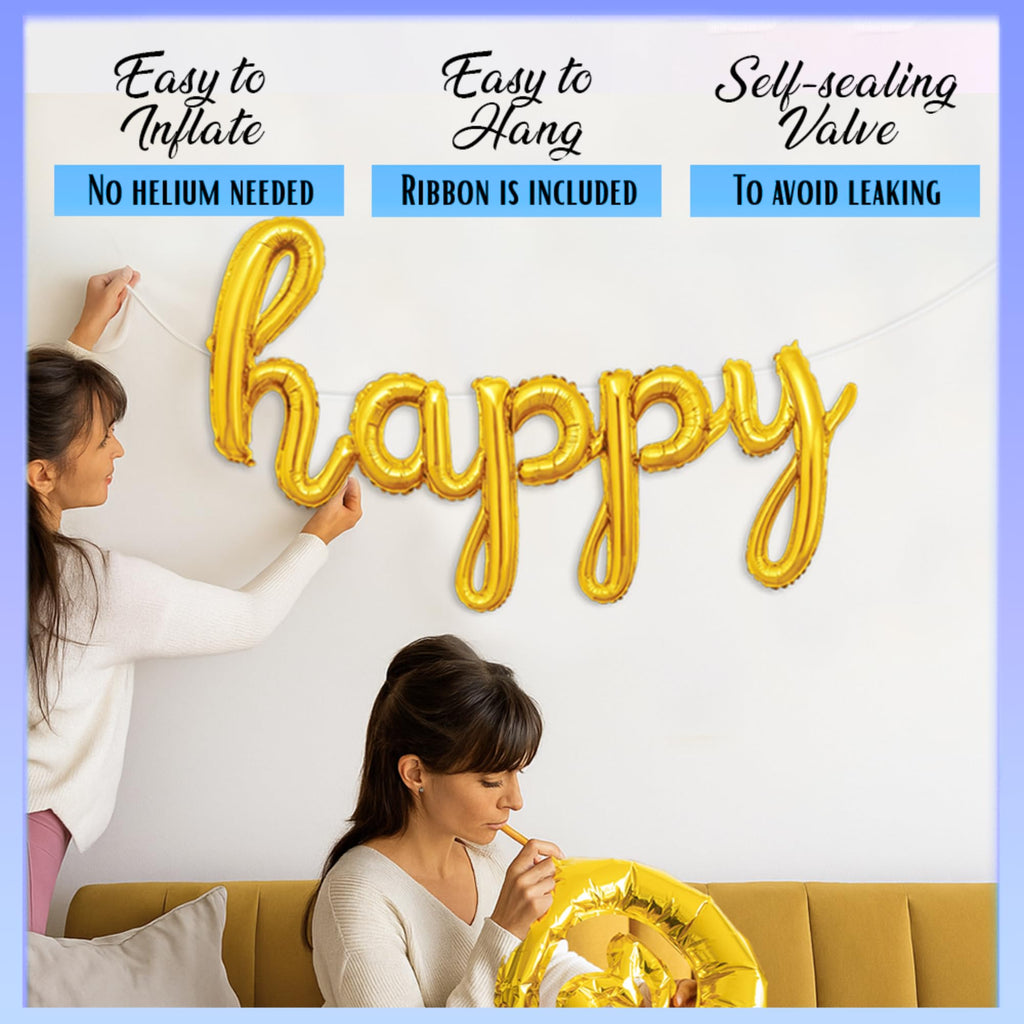 Gold Cursive Happy Birthday Balloon Banner - Foil Mylar Letter Balloons Party Decoration by Gala Supplies