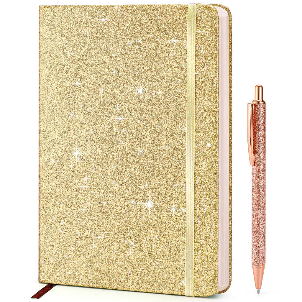 Gold Glitter Notebook A5 – No-Shed Sparkle Journal with 200 Lined Pages, Hardcover Diary for Girls Teens Women