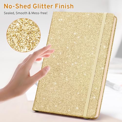 Gold Glitter Notebook A5 – No-Shed Sparkle Journal with 200 Lined Pages, Hardcover Diary for Girls Teens Women