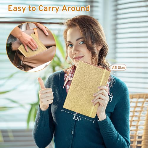 Gold Glitter Notebook A5 – No-Shed Sparkle Journal with 200 Lined Pages, Hardcover Diary for Girls Teens Women