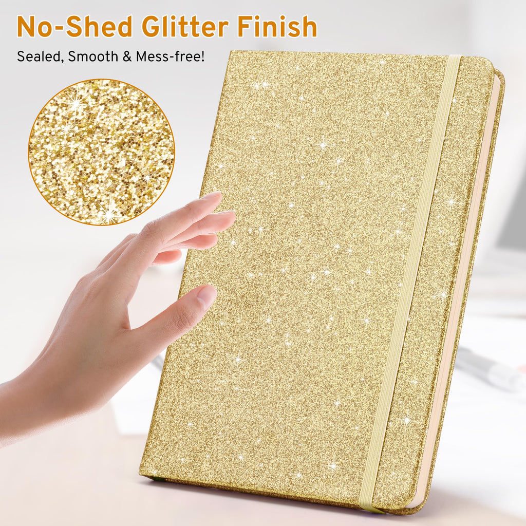 Gold Glitter Notebook A5 – No-Shed Sparkle Journal with 200 Lined Pages, Hardcover Diary for Girls Teens Women