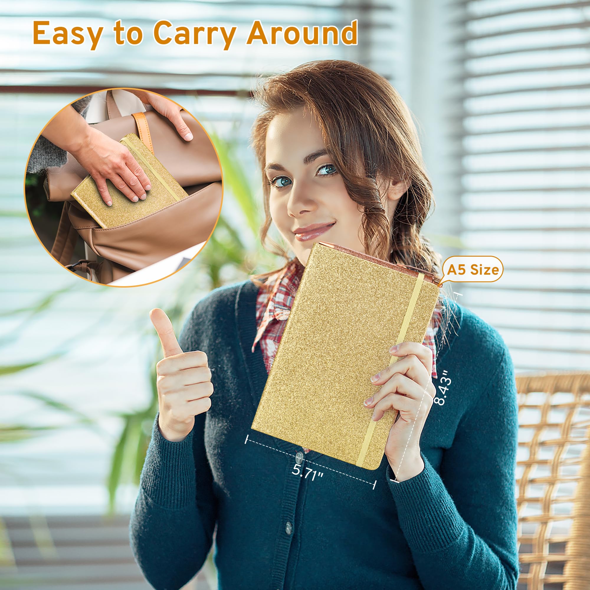 Gold Glitter Notebook A5 – No-Shed Sparkle Journal with 200 Lined Pages, Hardcover Diary for Girls Teens Women