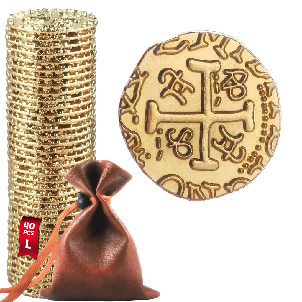 Gold Metal Pirate Coins Set - 40 Zinc Alloy Treasure Coins with Leather Pouch, 28mm Diameter, for Board Games, Party Decor, and Metal Detecting Hunts by ZWGParty
