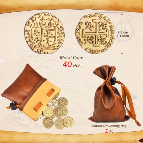 Gold Metal Pirate Coins Set - 40 Zinc Alloy Treasure Coins with Leather Pouch, 28mm Diameter, for Board Games, Party Decor, and Metal Detecting Hunts by ZWGParty