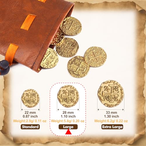 Gold Metal Pirate Coins Set - 40 Zinc Alloy Treasure Coins with Leather Pouch, 28mm Diameter, for Board Games, Party Decor, and Metal Detecting Hunts by ZWGParty