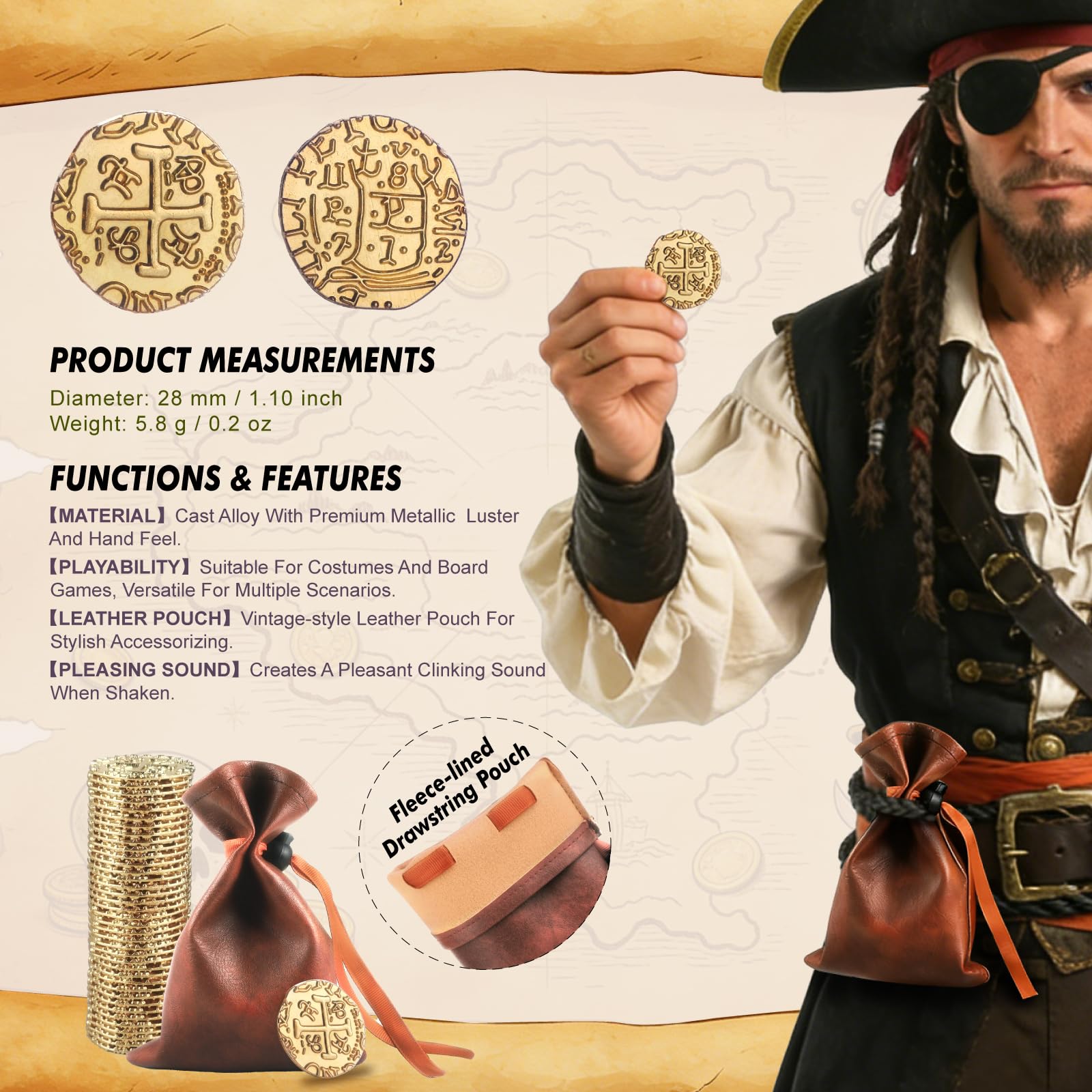 Gold Metal Pirate Coins Set - 40 Zinc Alloy Treasure Coins with Leather Pouch, 28mm Diameter, for Board Games, Party Decor, and Metal Detecting Hunts by ZWGParty