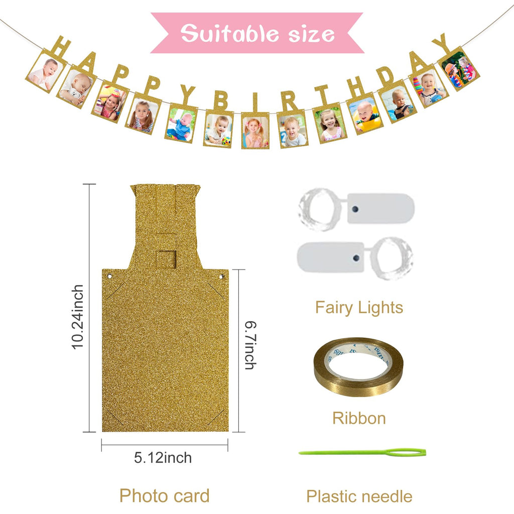 Gold Photo Banner with 2 Strings of Fairy Lights for Birthday Parties – 13 Letter Banners from AVlovasd