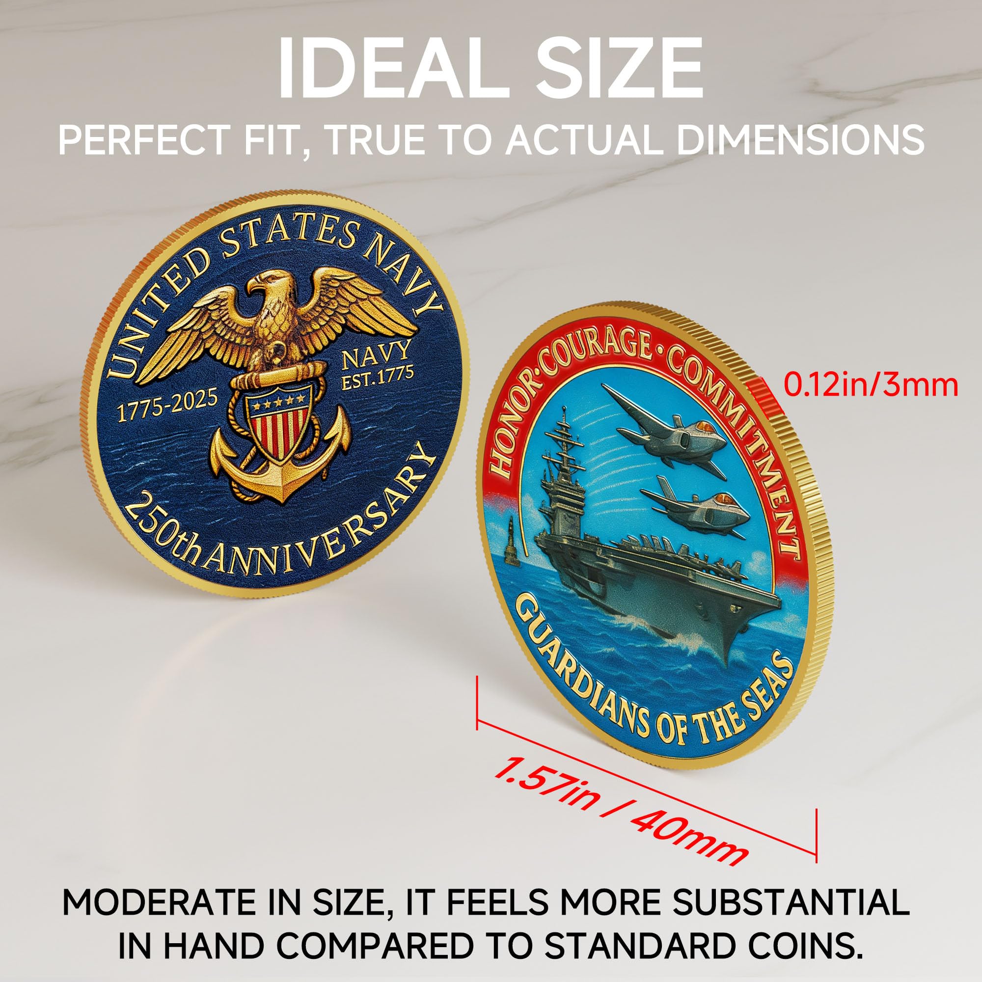 Gold-Plated USA Navy 250th Anniversary Challenge Coin – 1.57 Inch Double-Sided High Relief Military Collectible for Veterans and Supporters