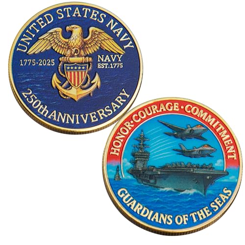 Gold-Plated USA Navy 250th Anniversary Challenge Coin – 1.57 Inch Double-Sided High Relief Military Collectible for Veterans and Supporters