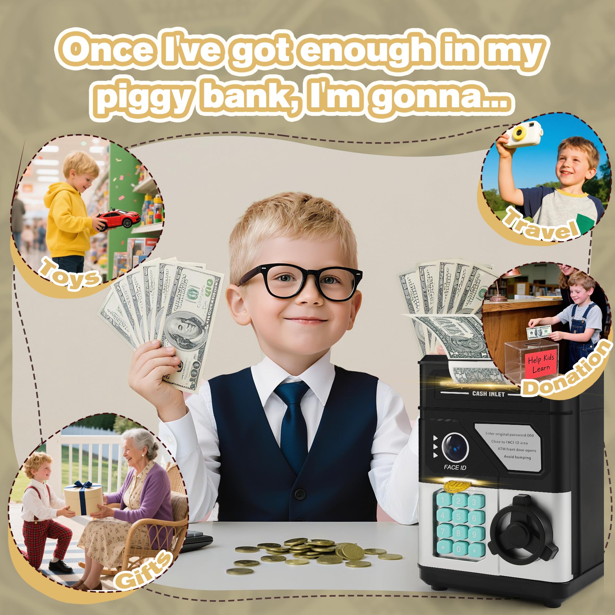 GONINO Kids ATM Piggy Bank – Electronic Money Box with Password & Face ID Simulation for Ages 4-12
