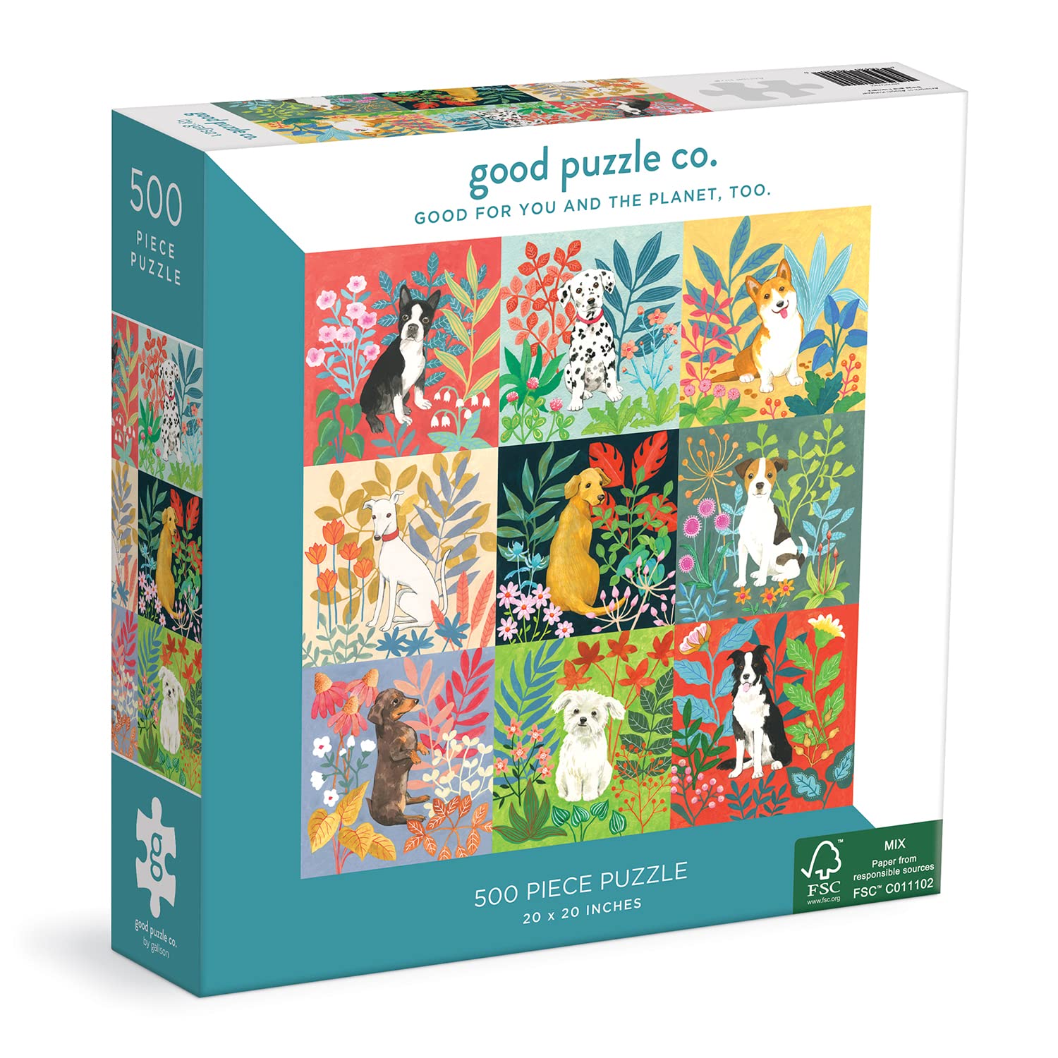 Good Puzzle Co Dogs and Flowers 500-Piece Jigsaw Puzzle – Recycled Materials, 20x20 Inches