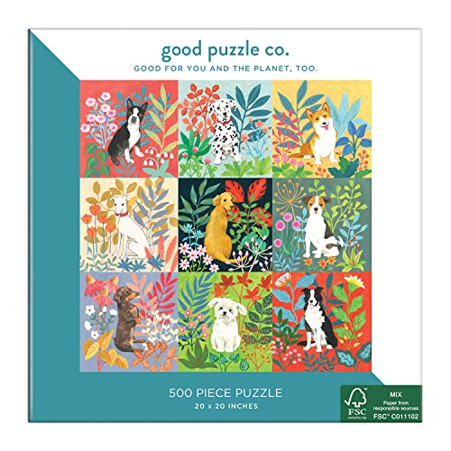 Good Puzzle Co Dogs and Flowers 500-Piece Jigsaw Puzzle – Recycled Materials, 20x20 Inches