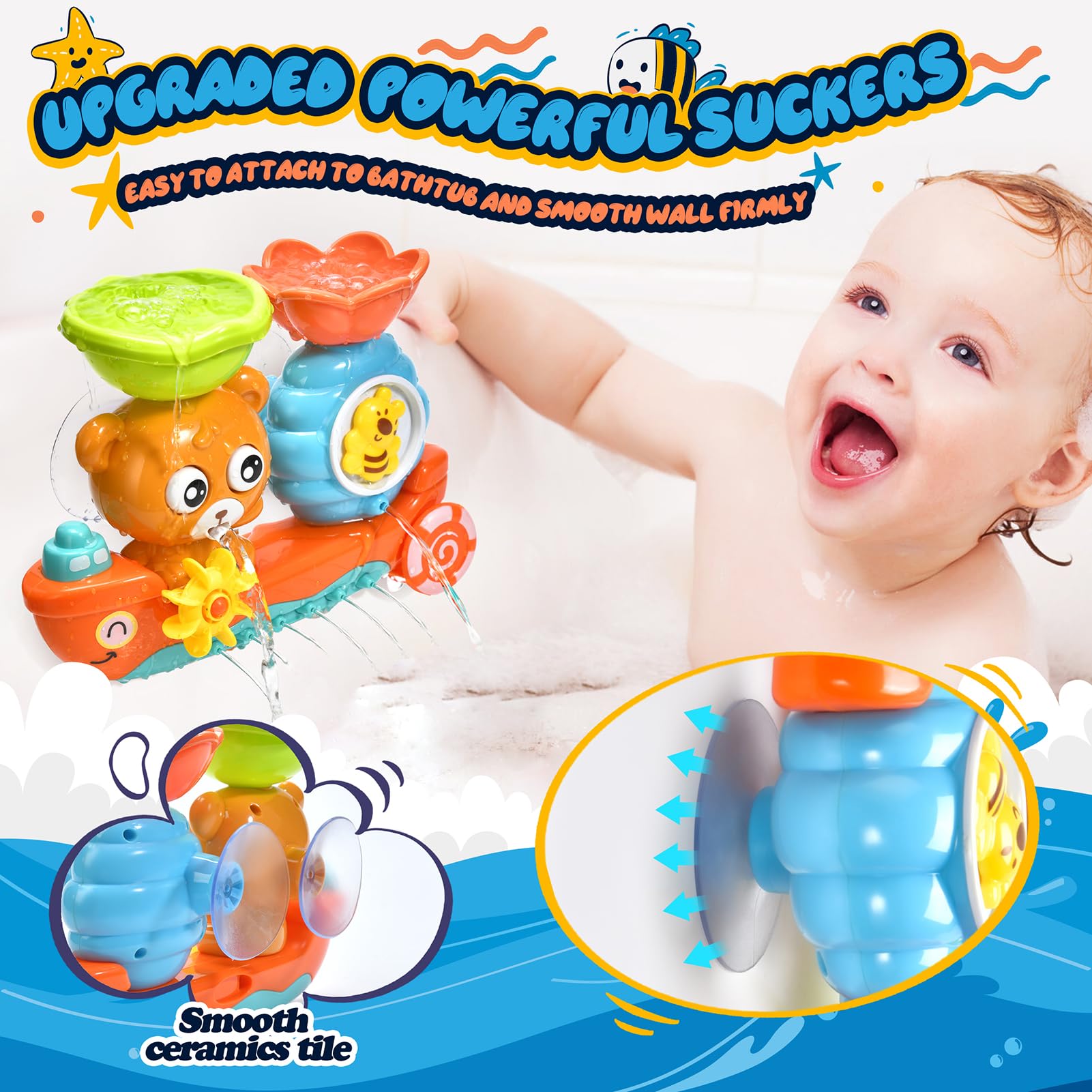 GOODLOGO Bear Bath Toy for Toddlers Ages 1-3 - BPA-Free with Suction Cups, Waterfall Play