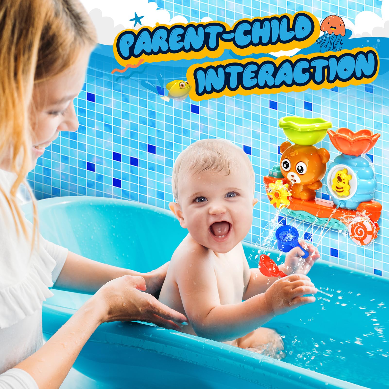 GOODLOGO Bear Bath Toy for Toddlers Ages 1-3 - BPA-Free with Suction Cups, Waterfall Play