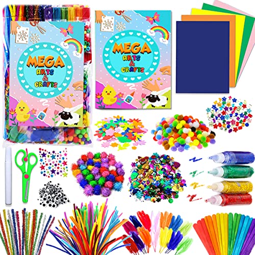Goody King All-in-One Kids Arts and Crafts Supplies Kit - Multicolor DIY Craft Set with Glitter Glue and Booklet for Ages 4-12