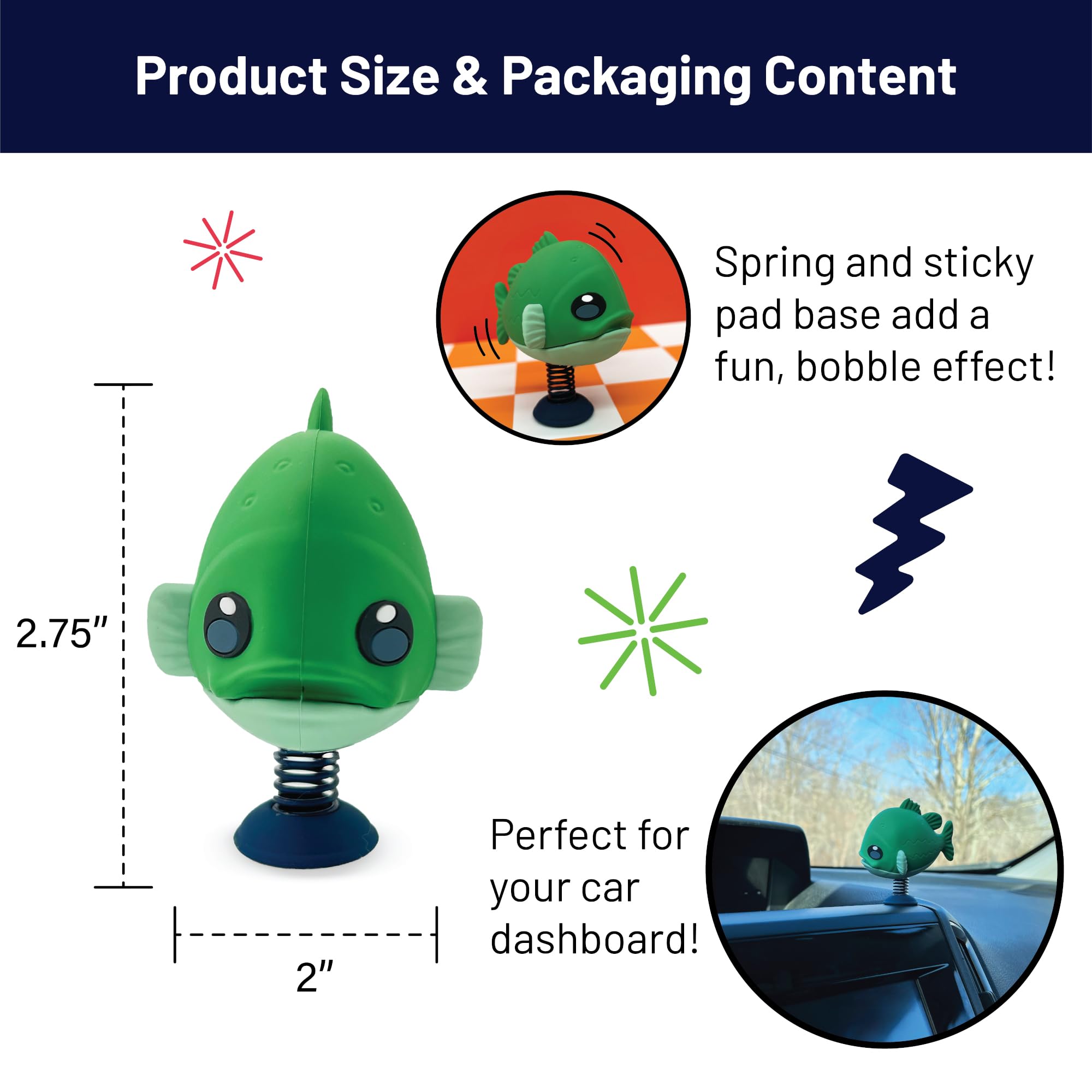 GOOFBALLS Bass Fish Dashboard Dancer – Funny Bobblehead for Anglers, Soft Touch Plastic with Adhesive Pad, 2.75 Inches