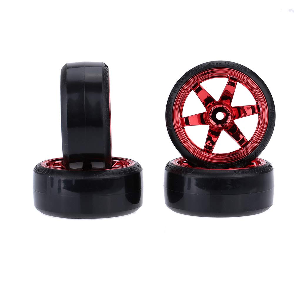 GoolRC 4-Pack Hard Plastic Drift Tires for 1/10 Scale RC Cars – Red, 61mm Diameter, 12mm Hex