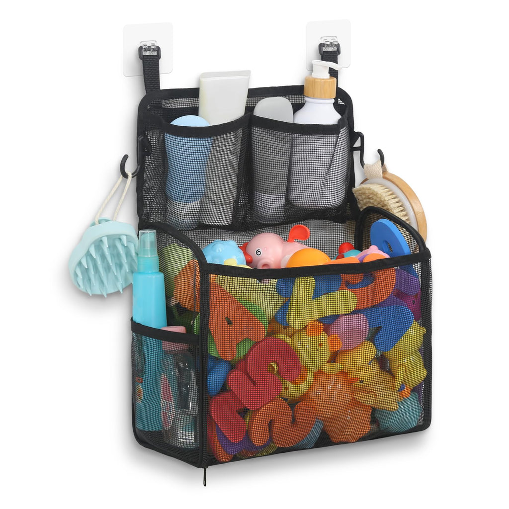 Goowin Bath Toy Storage Holder – Large Mesh Organizer with Double-Layer Design, Bottom Zipper, and Two Hanging Options (Black)