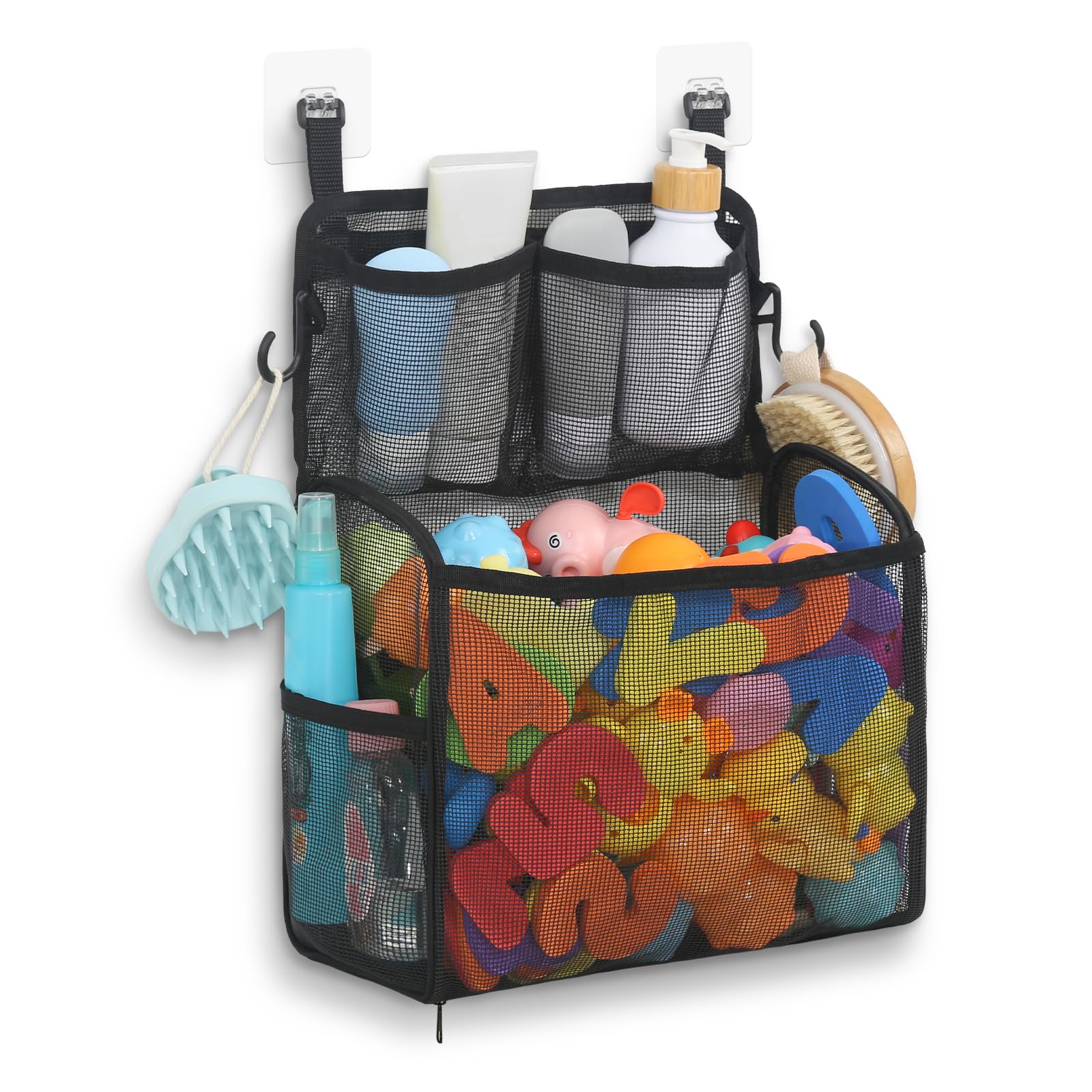 Goowin Bath Toy Storage Holder – Large Mesh Organizer with Double-Layer Design, Bottom Zipper, and Two Hanging Options (Black)