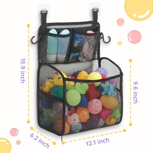 Goowin Bath Toy Storage Holder – Large Mesh Organizer with Double-Layer Design, Bottom Zipper, and Two Hanging Options (Black)