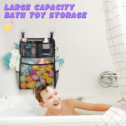 Goowin Bath Toy Storage Holder – Large Mesh Organizer with Double-Layer Design, Bottom Zipper, and Two Hanging Options (Black)