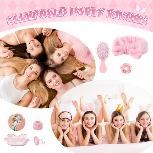 Goroovr 9-Piece Sleepover Party Supplies Kit for Girls – Pink Spa Headband, Eye Mask, Scrunchies & More