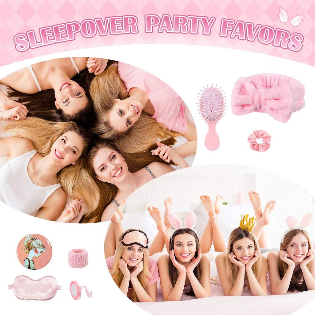 Goroovr 9-Piece Sleepover Party Supplies Kit for Girls – Pink Spa Headband, Eye Mask, Scrunchies & More