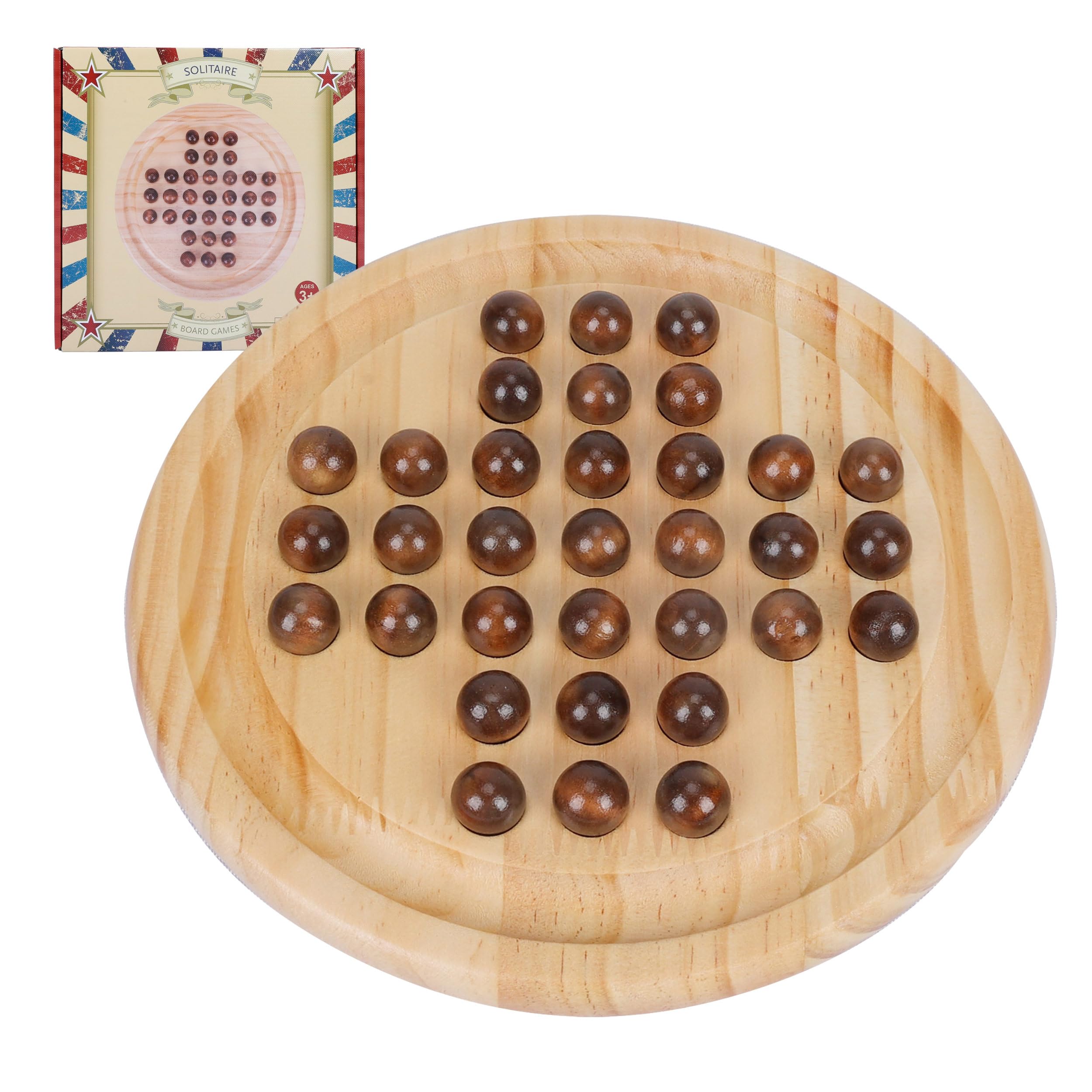 Gothink 9-Inch Solid Wood Solitaire Game – 33 Marble Balls, Handcrafted Board for Kids & Adults