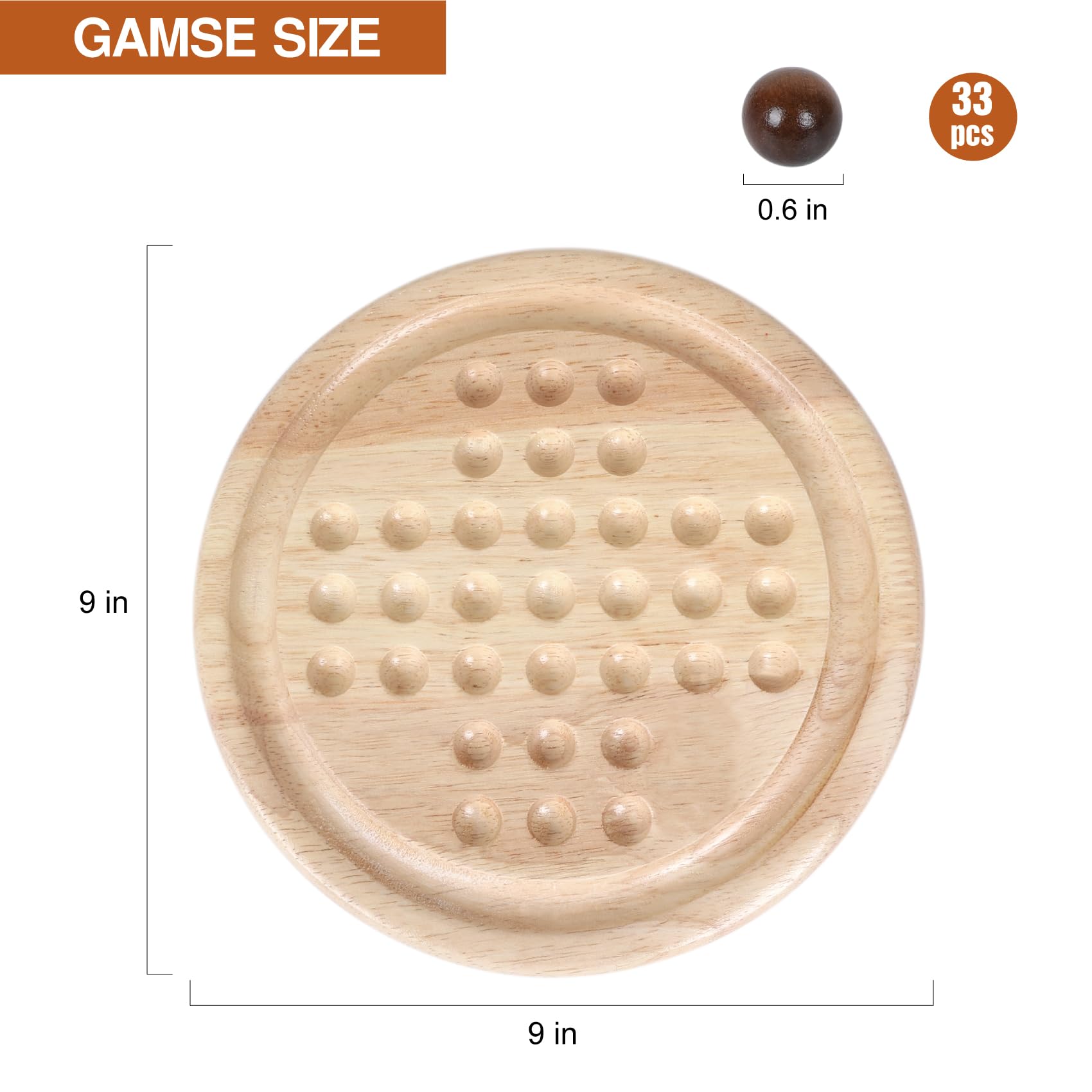 Gothink 9-Inch Solid Wood Solitaire Game – 33 Marble Balls, Handcrafted Board for Kids & Adults
