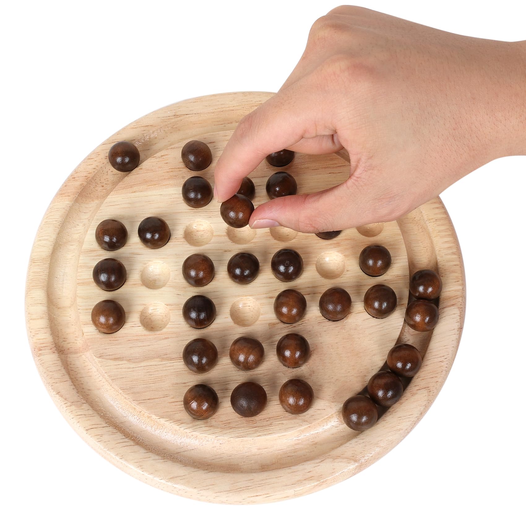 Gothink 9-Inch Solid Wood Solitaire Game – 33 Marble Balls, Handcrafted Board for Kids & Adults