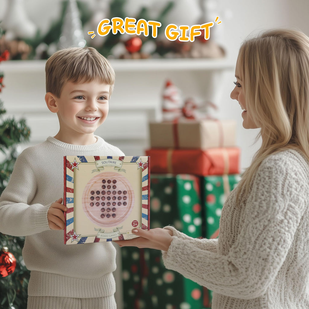 Gothink 9-Inch Solid Wood Solitaire Game – 33 Marble Balls, Handcrafted Board for Kids & Adults