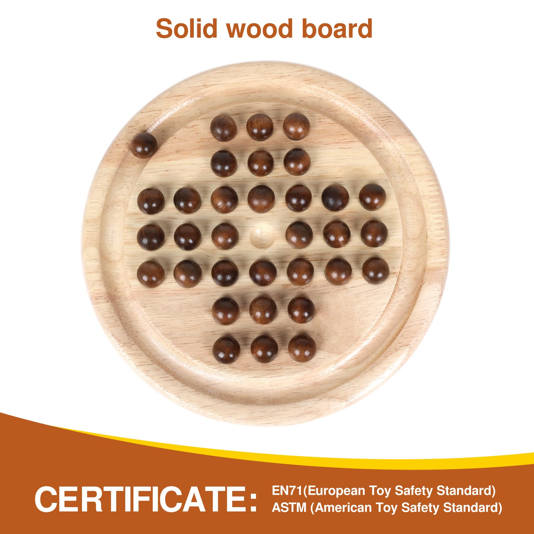 Gothink 9-Inch Solid Wood Solitaire Game – 33 Marble Balls, Handcrafted Board for Kids & Adults