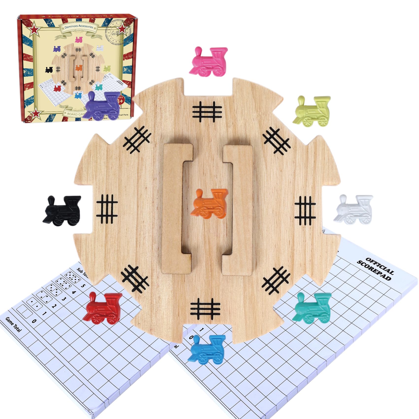 GOTHINK Mexican Train Dominoes Accessories Set – Pine Hub, 9 Metal Markers, Score Pads