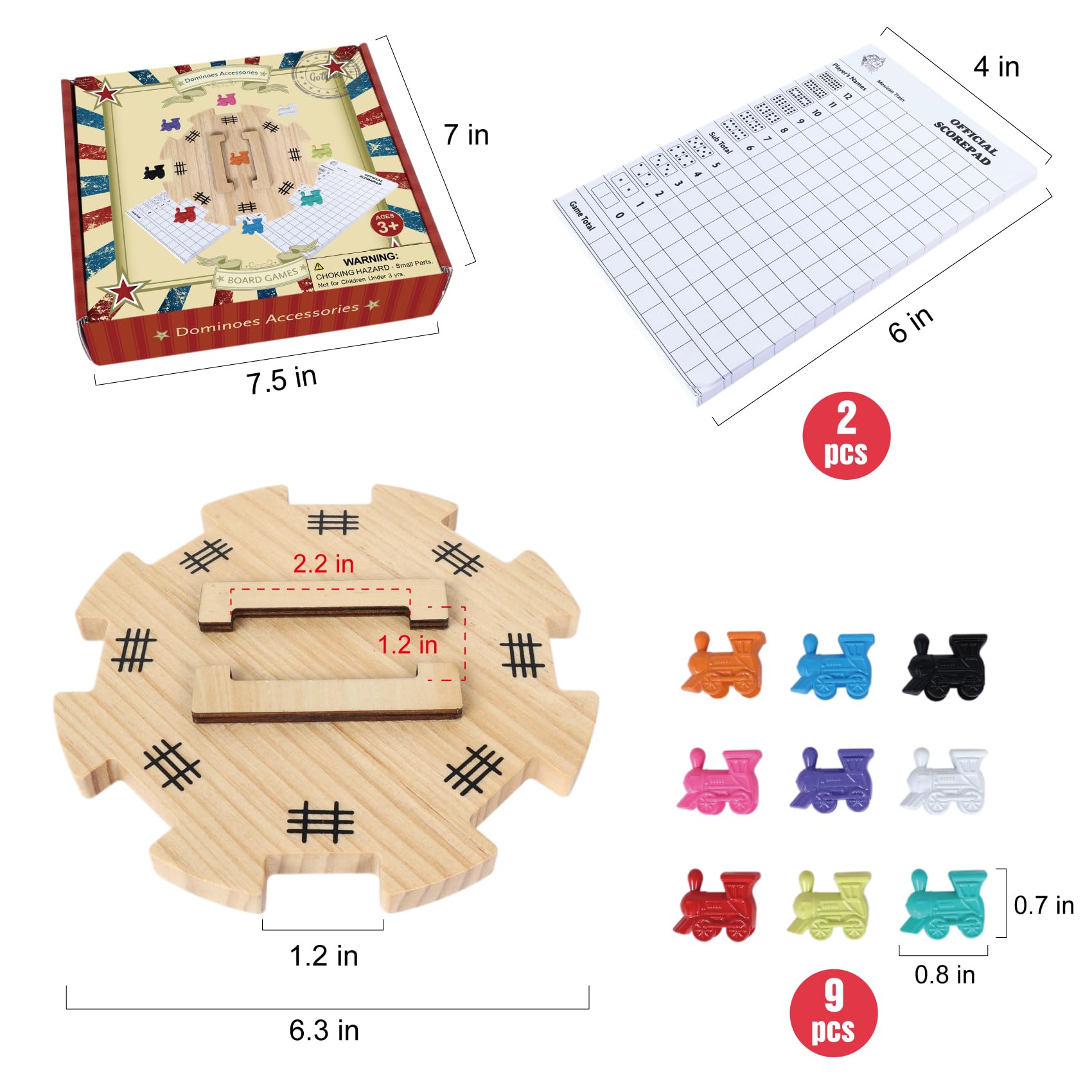 GOTHINK Mexican Train Dominoes Accessories Set – Pine Hub, 9 Metal Markers, Score Pads