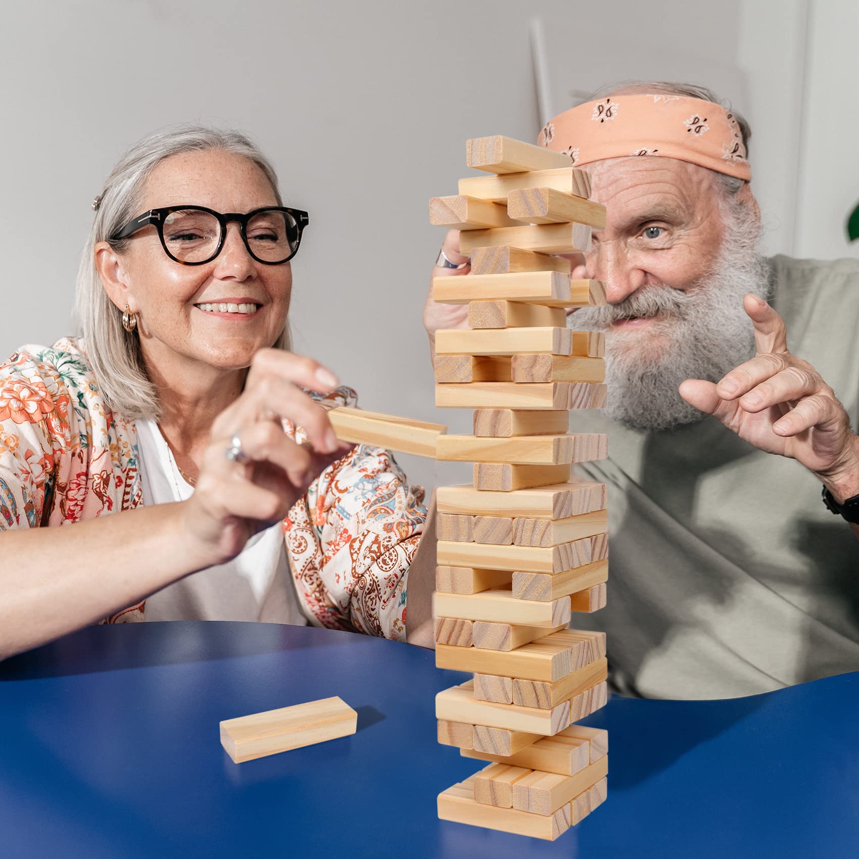 GOTHINK Tumble Tower Game – 54 Wooden Blocks for Stacking, Dominoes & Family Fun