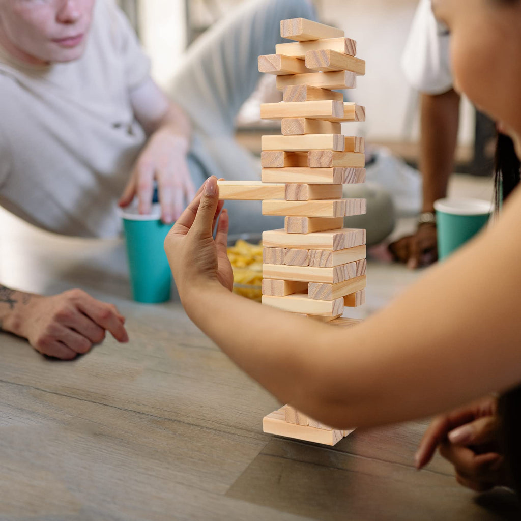 GOTHINK Tumble Tower Game – 54 Wooden Blocks for Stacking, Dominoes & Family Fun
