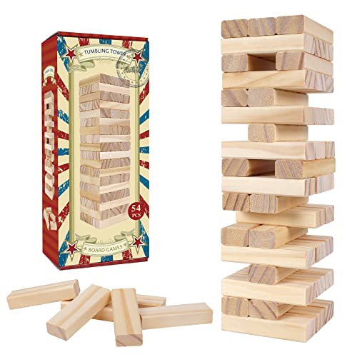 GOTHINK Tumble Tower Game – 54 Wooden Blocks for Stacking, Dominoes & Family Fun