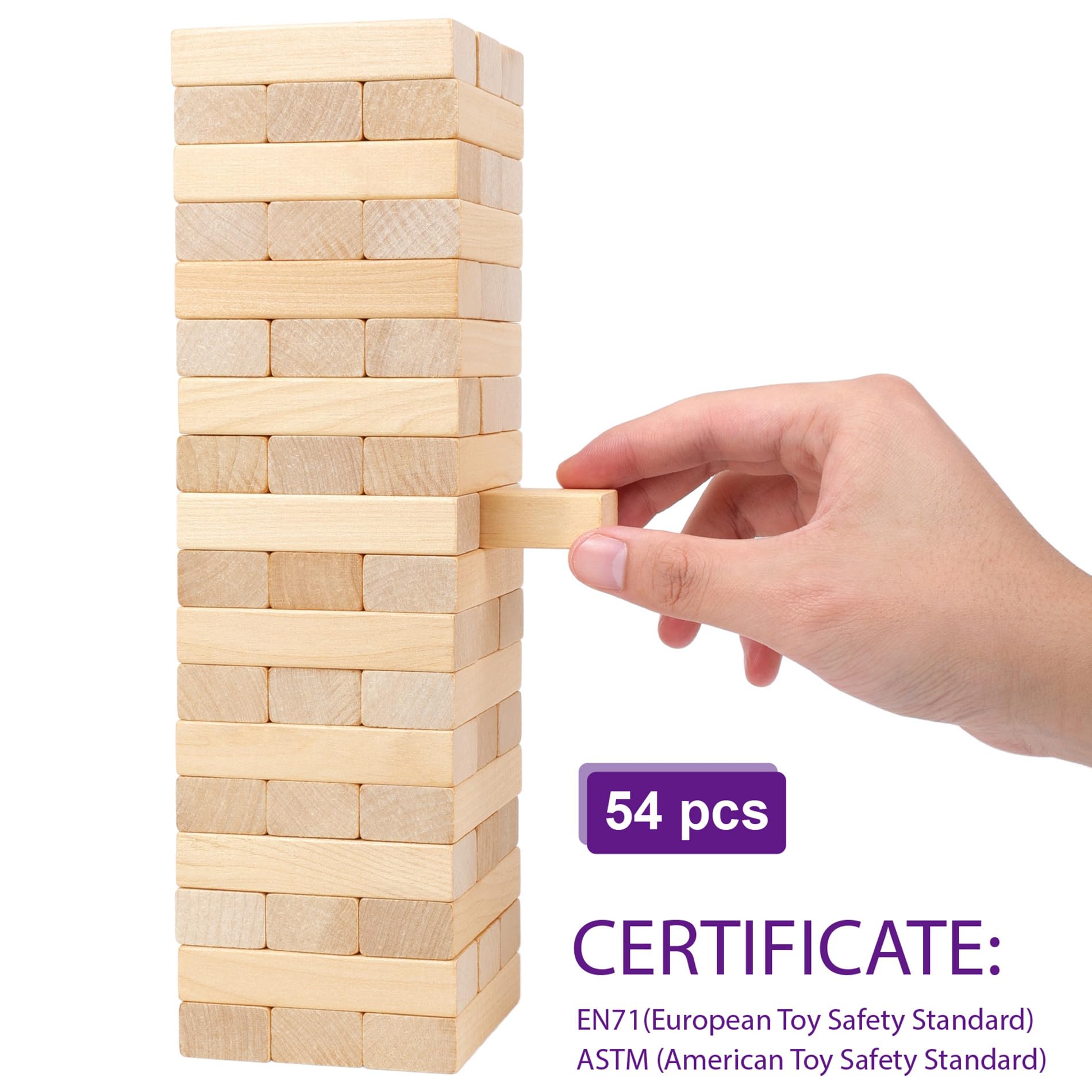GOTHINK Tumble Tower Game – 54 Wooden Blocks with Stacking Sleeve and Carry Bag
