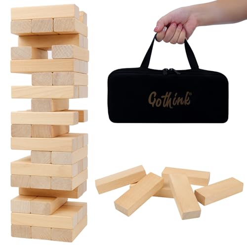 GOTHINK Tumble Tower Game – 54 Wooden Blocks with Stacking Sleeve and Carry Bag