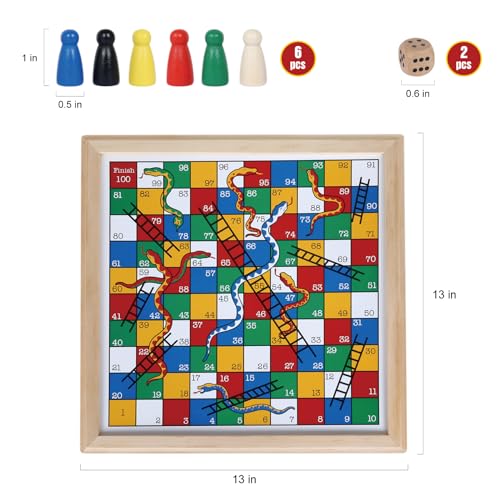 Gothink Wooden Snakes and Ladders – 13 Inch Classic Board Game, FSC Certified Pine, Ages 3+