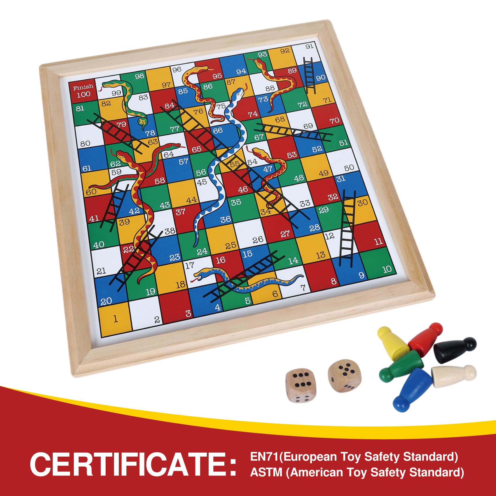 Gothink Wooden Snakes and Ladders – 13 Inch Classic Board Game, FSC Certified Pine, Ages 3+