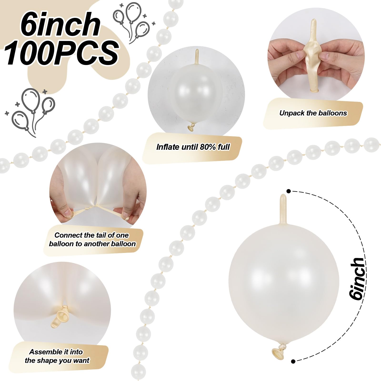 Govpy 100-Pack 6 Inch Pearl White Linking Balloons – Quick Link Tail for Easy Arch, Wall & Garland Decor