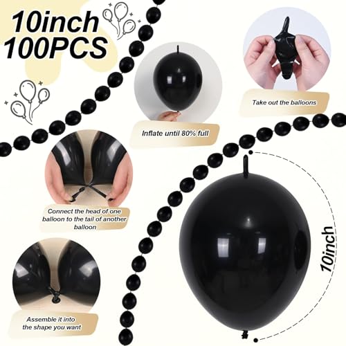 Govpy 100-Pack Black Linking Balloons (10 Inch) – Quick Link Balloons with Tail for Easy Assembly – for Weddings, Birthdays, and Party Decorations
