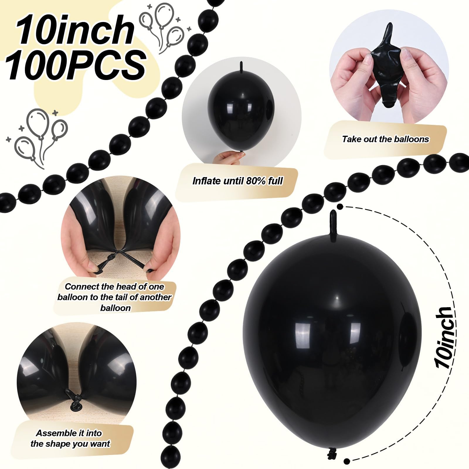 Govpy 100-Pack Black Linking Balloons (10 Inch) – Quick Link Balloons with Tail for Easy Assembly – for Weddings, Birthdays, and Party Decorations
