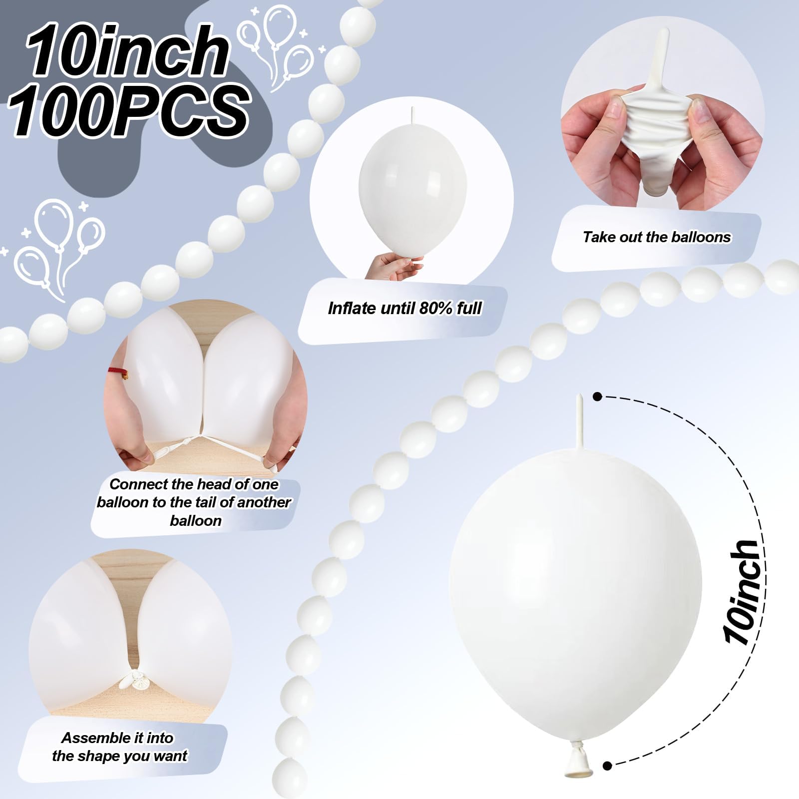 Govpy 100-Pack White Quick Link Balloons (10 inch) – Easy Assemble Pearl Balloon Chain for Parties, Weddings, Birthdays