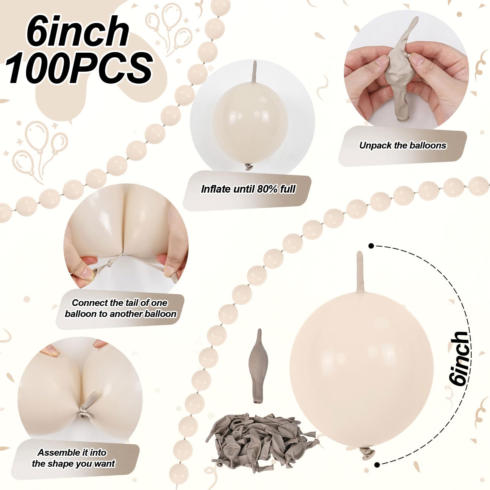Govpy 60-Pack 10-Inch Sand White Quick Link Balloons for Party Decorations