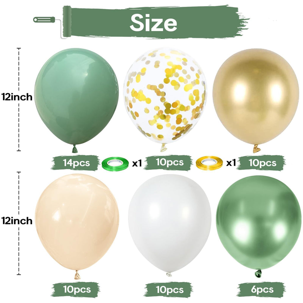 Govpy 60-Pack 12-Inch Green Gold White Latex Balloons – Retro Metallic Confetti Party Set
