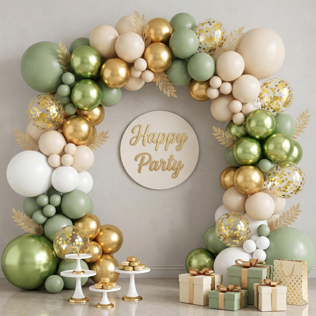 Govpy 60-Pack 12-Inch Green Gold White Latex Balloons – Retro Metallic Confetti Party Set